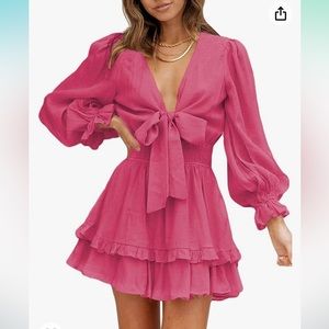 AlvaQ Womens Spring Summer Knot Front V Neck Ruffles Long Sleeve dress